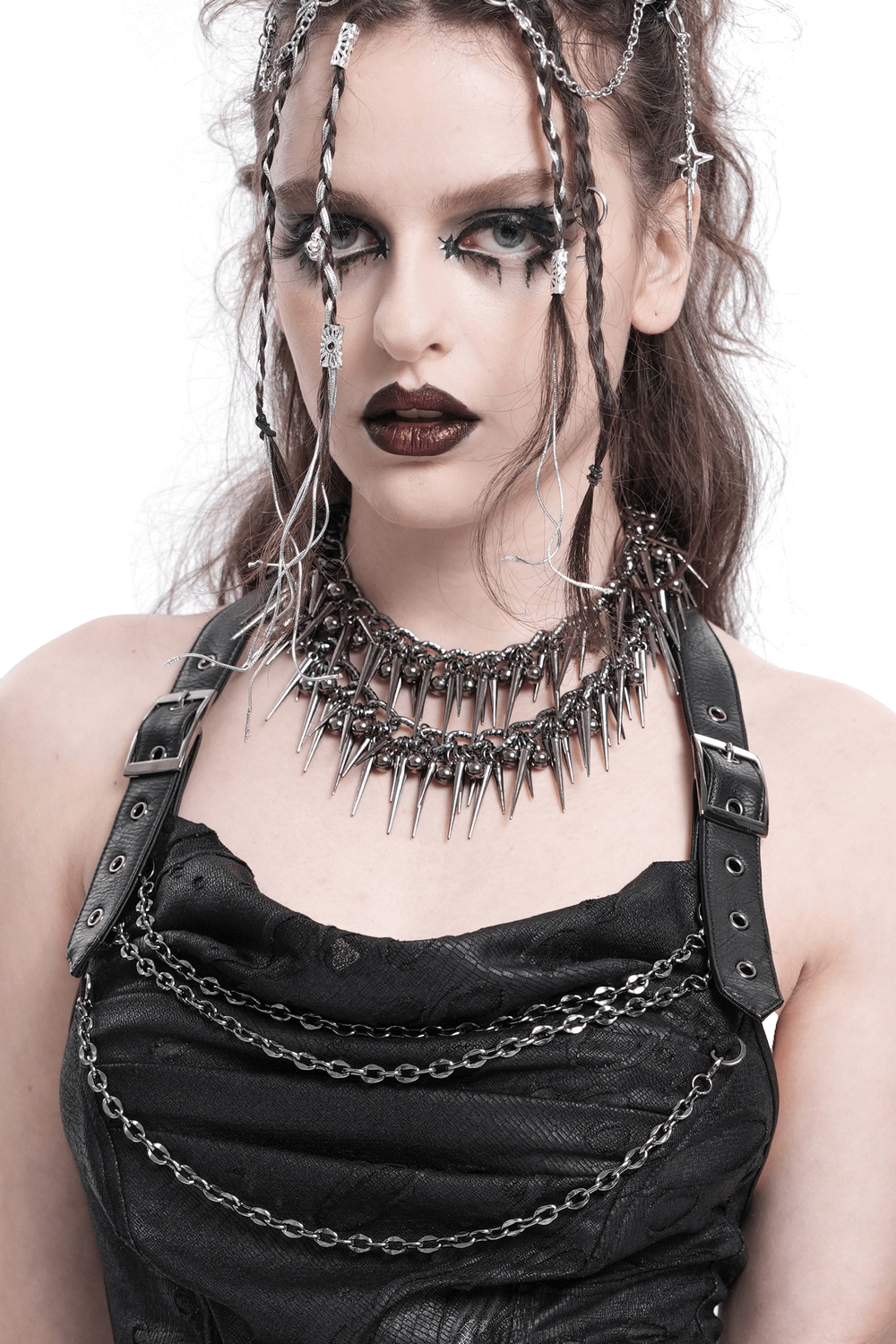 Edgy chain and bead statement choker for women, featuring spikes and bold design, perfect for a fierce look.