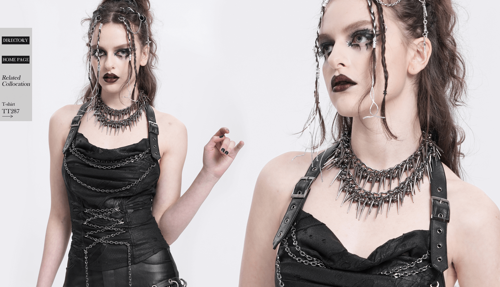 Edgy women’s chain and bead choker worn by model, showcasing a bold, punk rock style with dark makeup and trendy attire.