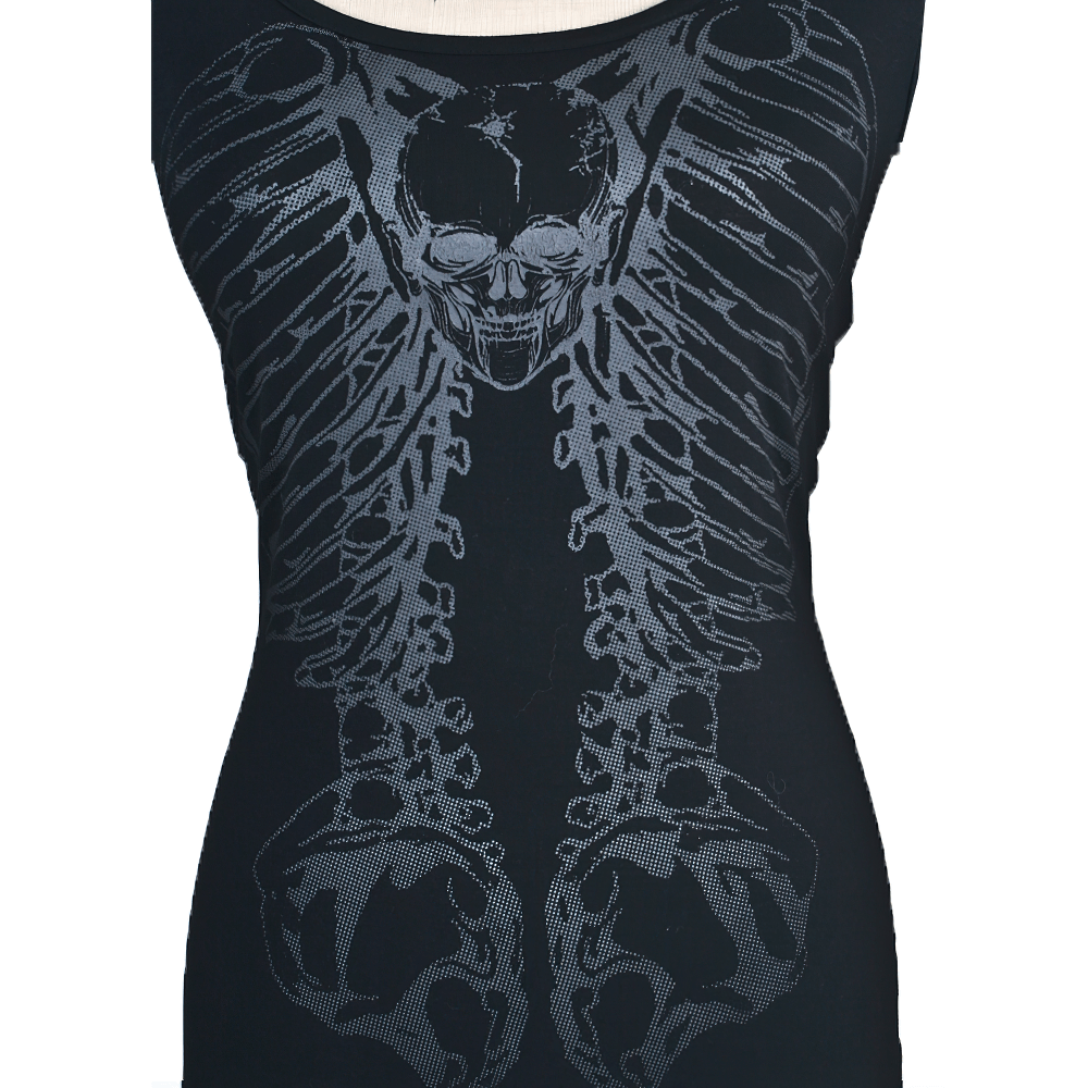 Gothic skeleton print knit t-shirt with ribcage design, perfect for punk fashion enthusiasts.