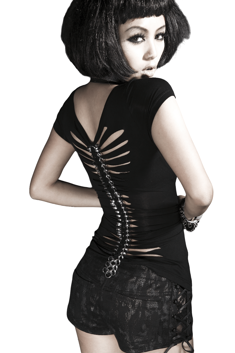 Gothic ribcage chain-back T-shirt showcasing a punk style with daring skeleton print and edgy design.