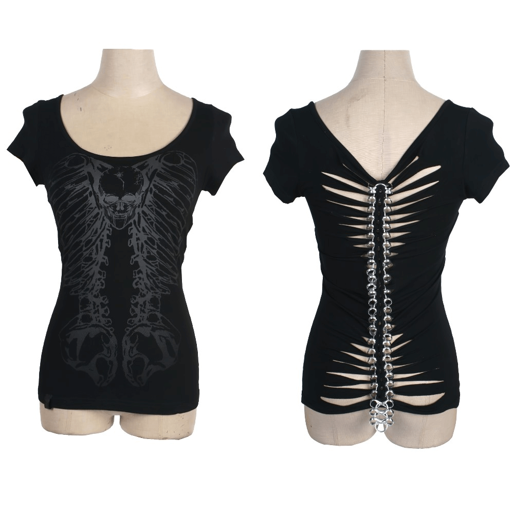 Gothic skeleton print T-shirt with chain-back, perfect for punk style enthusiasts. A bold, edgy fashion statement.