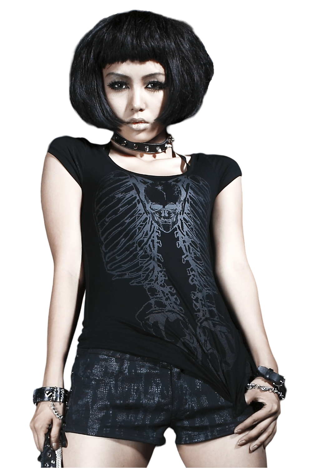 Gothic women's skeleton t-shirt with chain-back design, perfect for punk enthusiasts and fashion rebels.