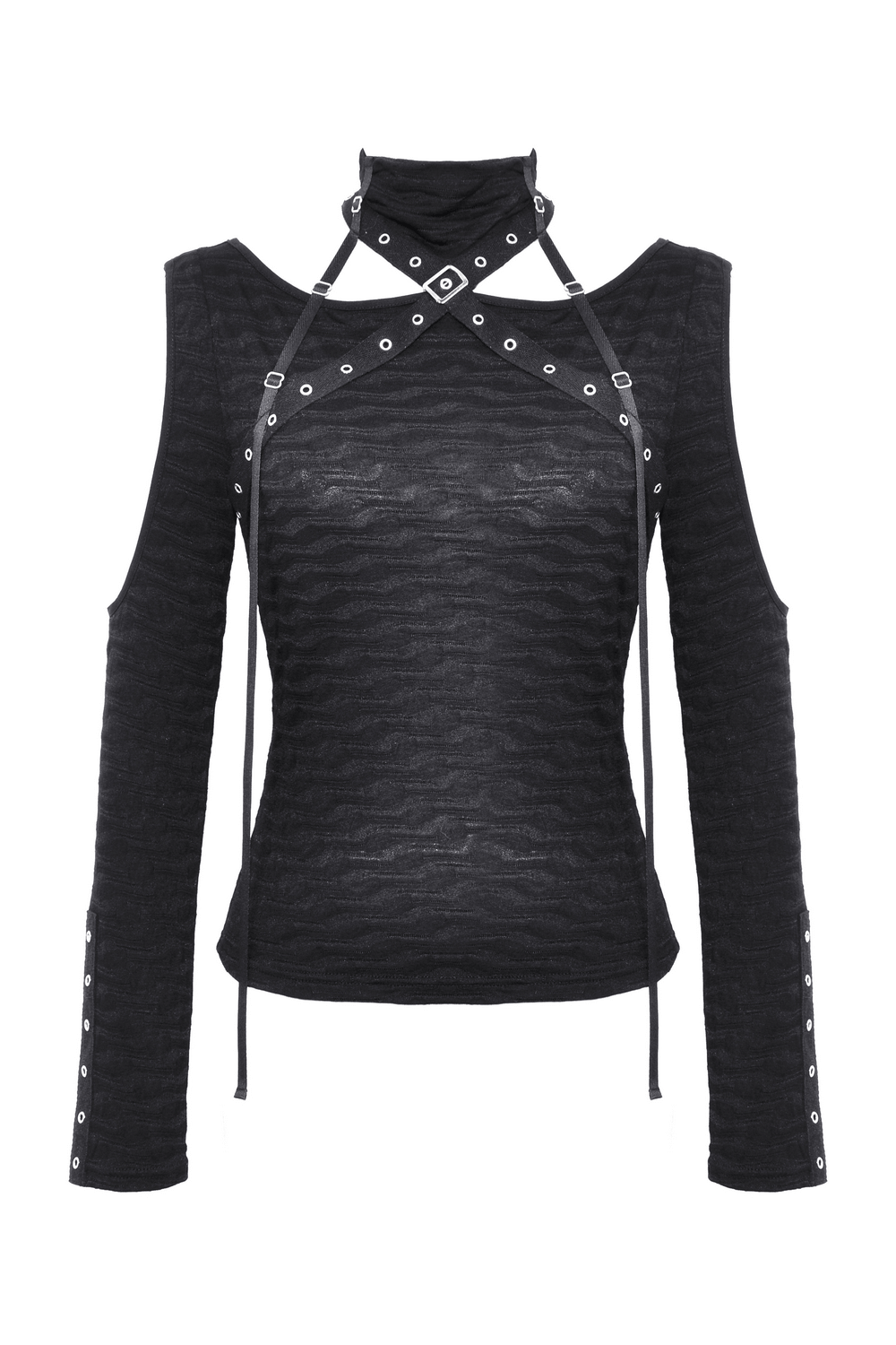 Edgy Cold Shoulder Top with Straps and Zipper of Back