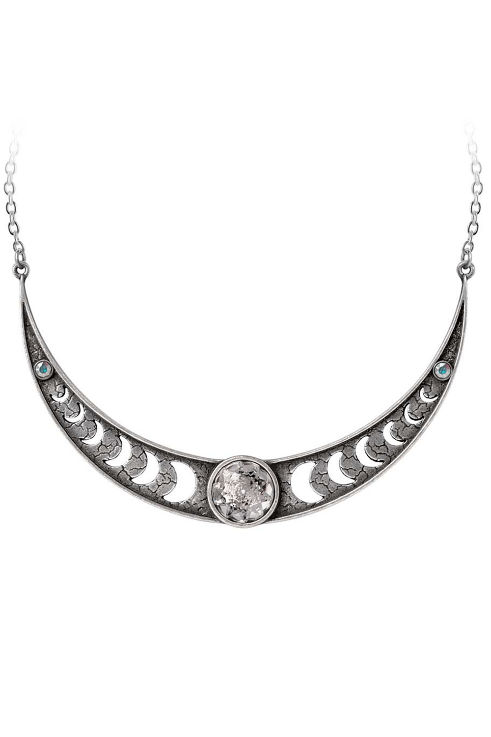 Edgy crescent moon phases necklace in pewter with crystal showcasing lunar cycles and celestial details.