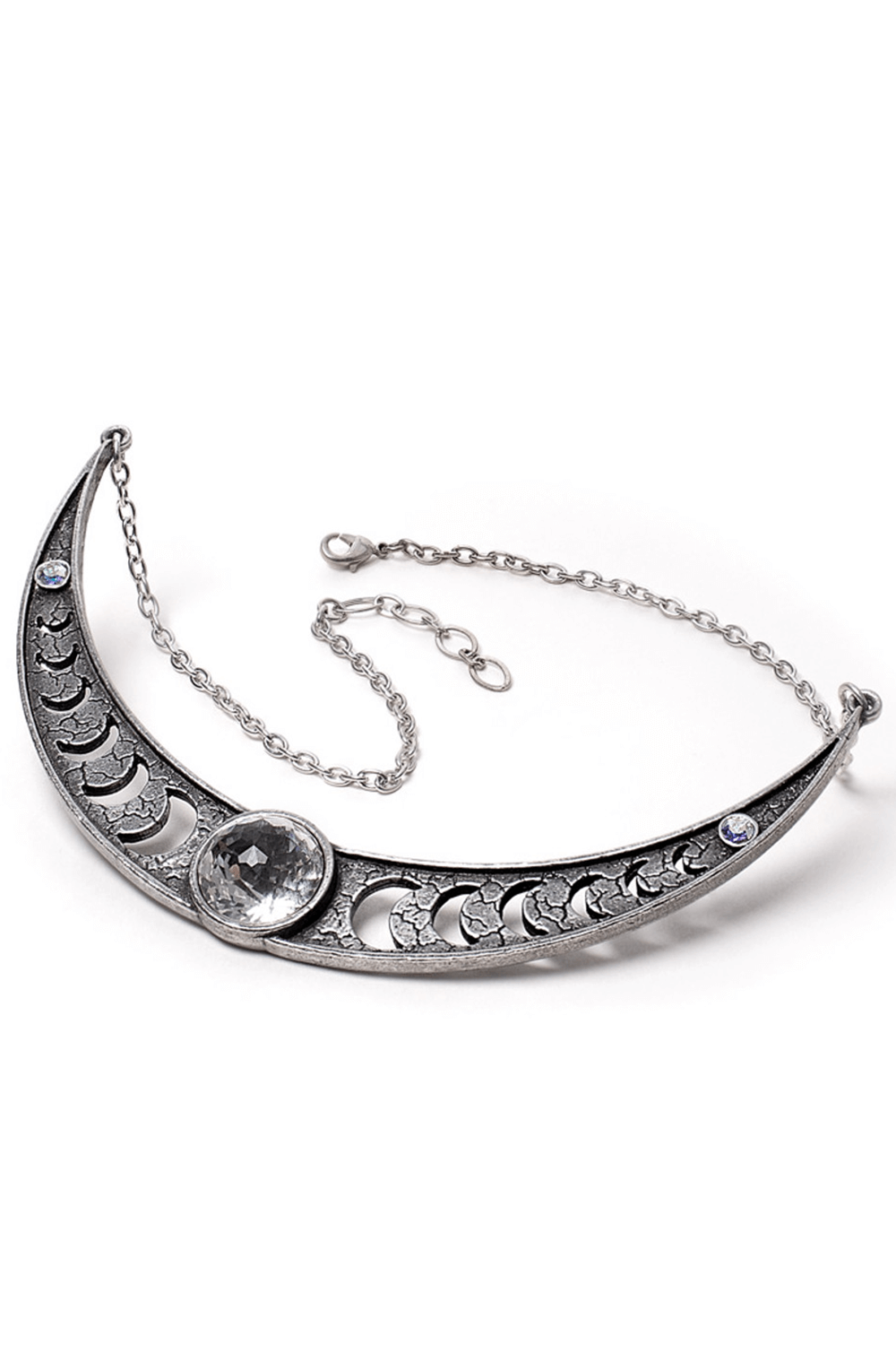 Edgy crescent moon necklace with crystals, showcasing lunar phases in antiqued pewter. Divine goddess-inspired jewelry.