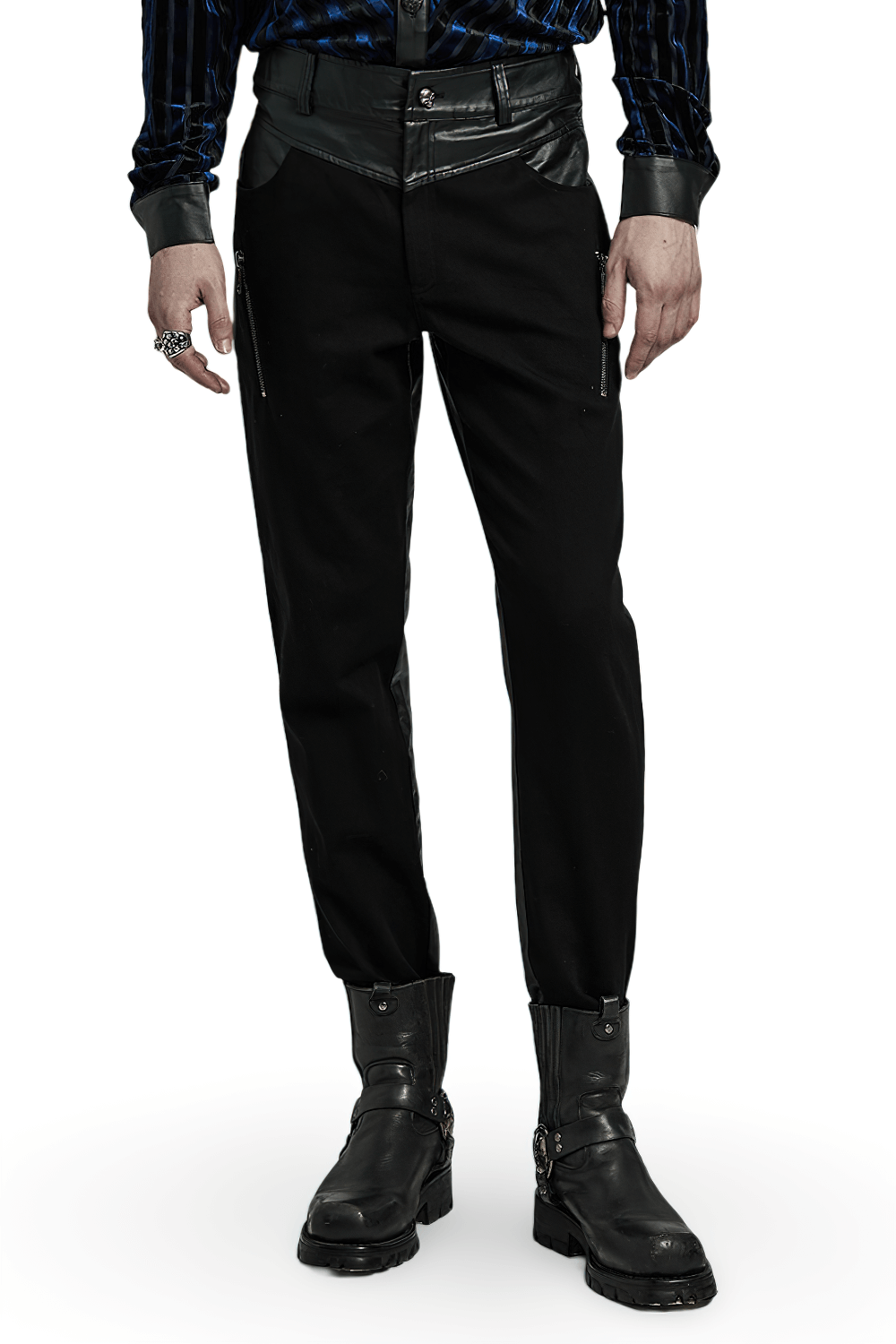 Men's edgy elastic trousers with zipper details, featuring pockets and a sleek, slim-fit design.