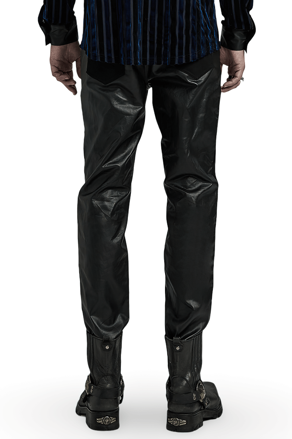 Back view of edgy men's trousers with zipper details, styled with bold black boots for a punk urban look.