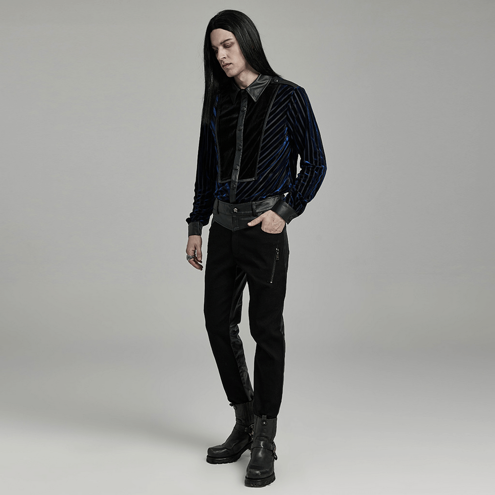 Edgy men's trousers with zipper details, paired with dapper shirt, showcasing urban punk style and slim-fit design.