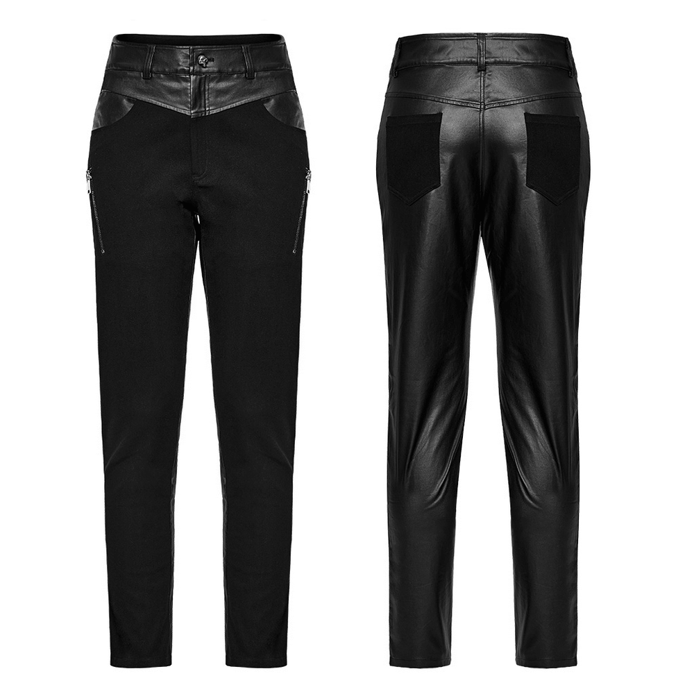 Edgy men's trousers with zipper details, featuring a sleek black design and rubberized accents, perfect for urban style.