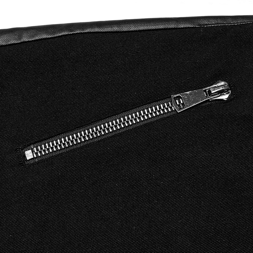 Close-up of zipper detail on edgy elastic men's trousers, showcasing urban punk style and functional design.