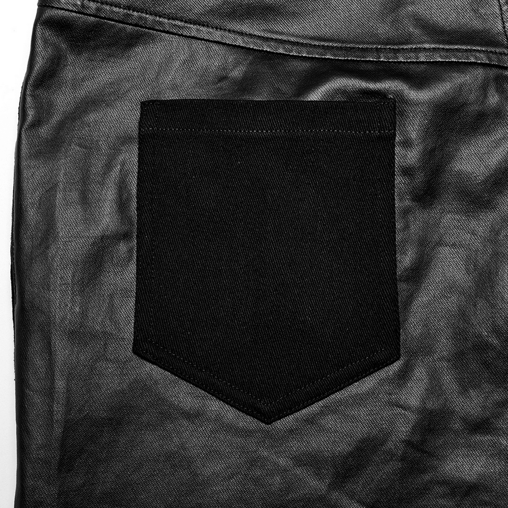 Close-up of black pocket detail on edgy elastic men's trousers, showcasing sleek rubberized and woven fabric.