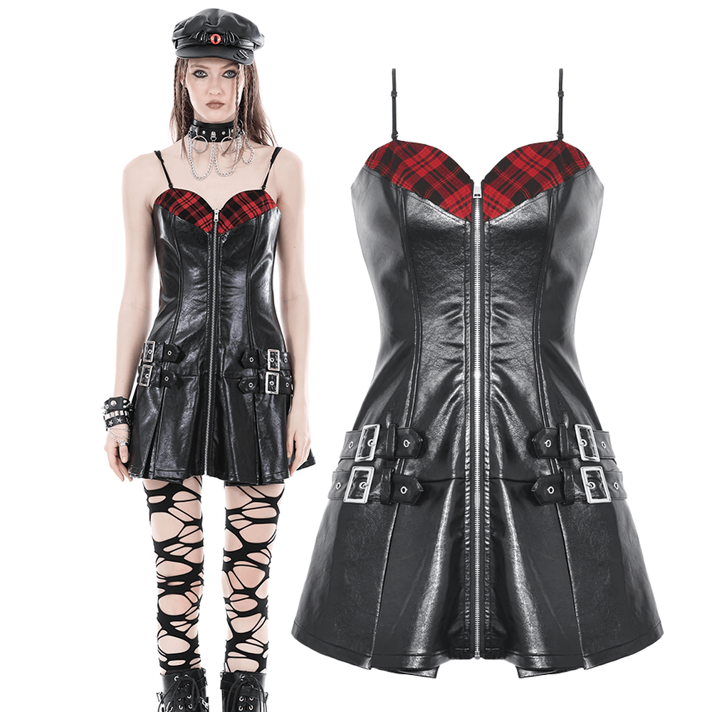 Edgy Faux Leather and Plaid Mini Dress with Buckles