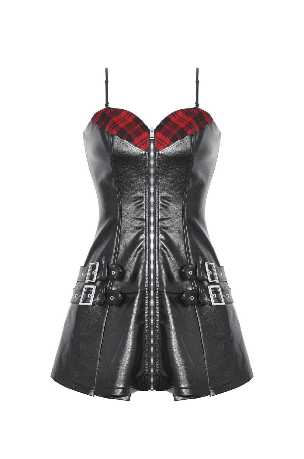 Edgy zip-up faux leather mini dress with plaid accents and stylish buckles, perfect for a punk rock look.