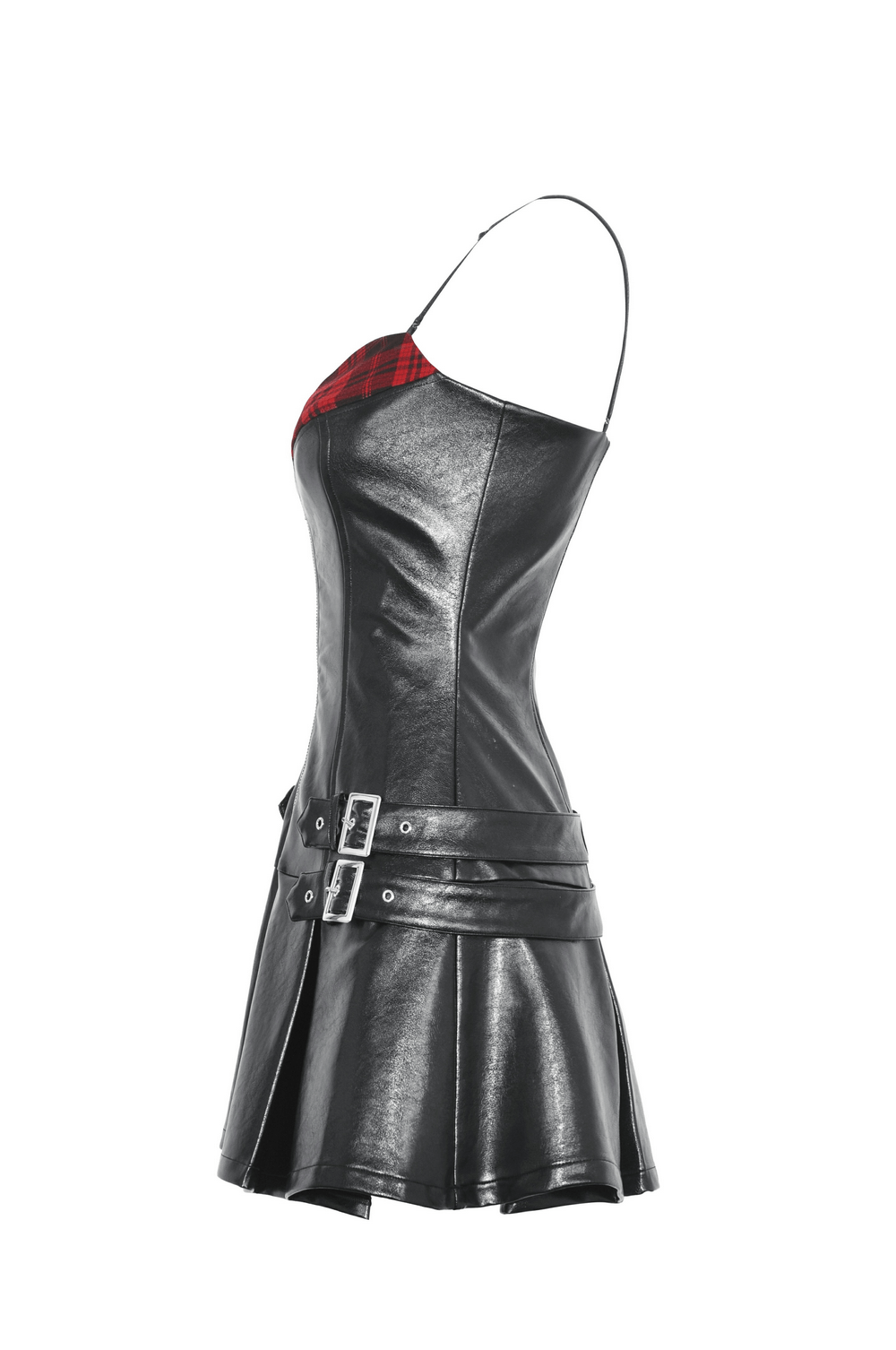 Edgy faux leather and plaid mini dress with buckles, showcasing a stylish zip-up design for a punk rock look.