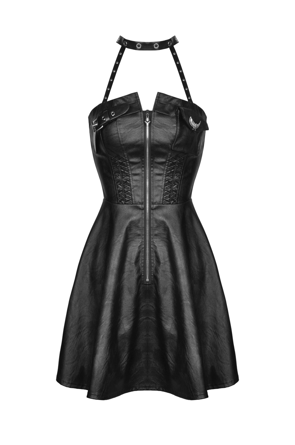 Edgy Faux Leather Halter Dress with Metal Accents