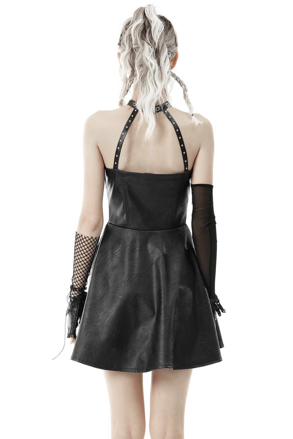 Back view of edgy faux leather halter dress with metal accents and fitted skirt, perfect for gothic fashion lovers.