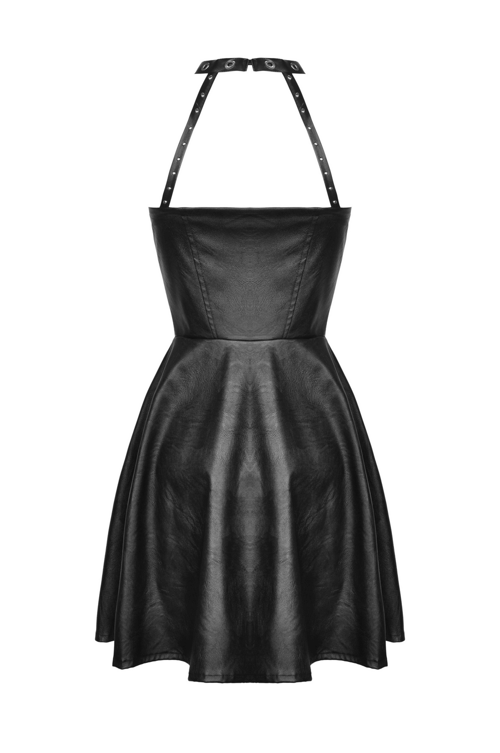 Edgy black faux leather halter dress with metal accents, perfect for gothic-inspired fashion.