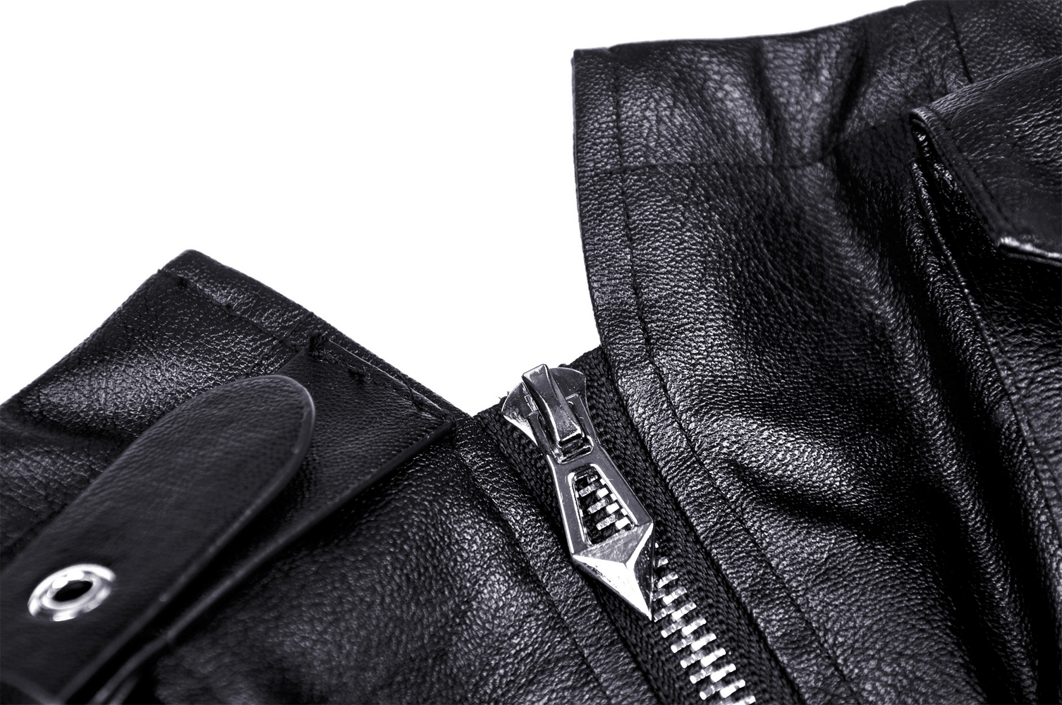 Close-up of black faux leather with zipper and metal accents, showcasing edgy fashion details.