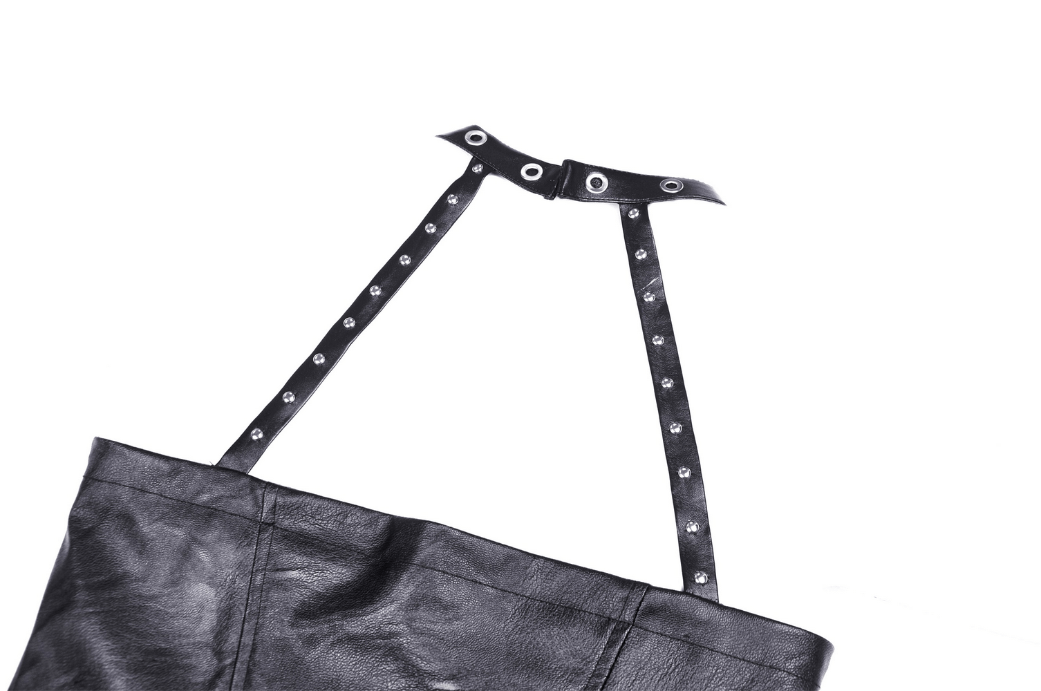 Close-up of adjustable halter straps with metal accents on a black faux leather dress.