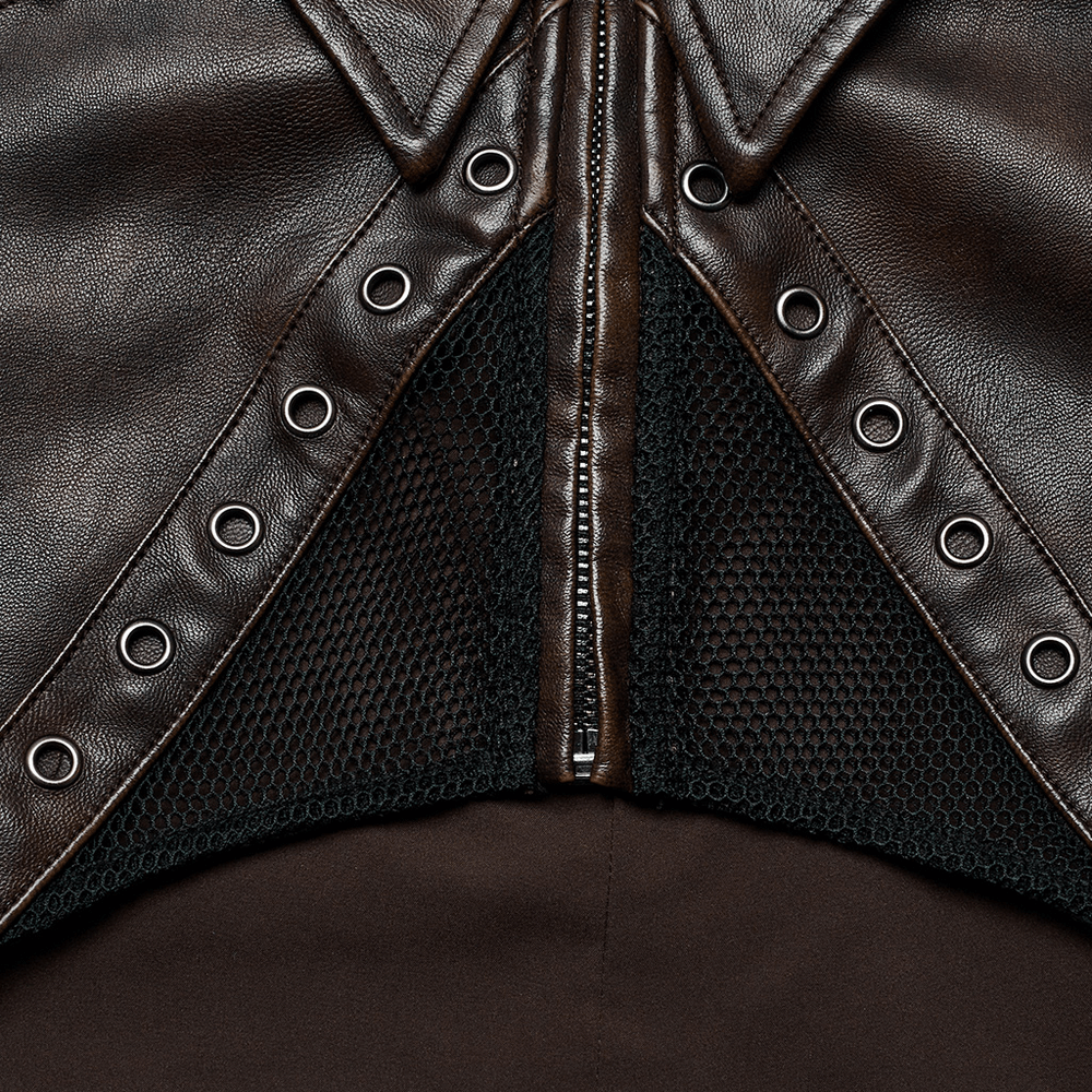 Close-up of the edgy faux leather punk crop jacket featuring mesh cutouts and eyelet details.