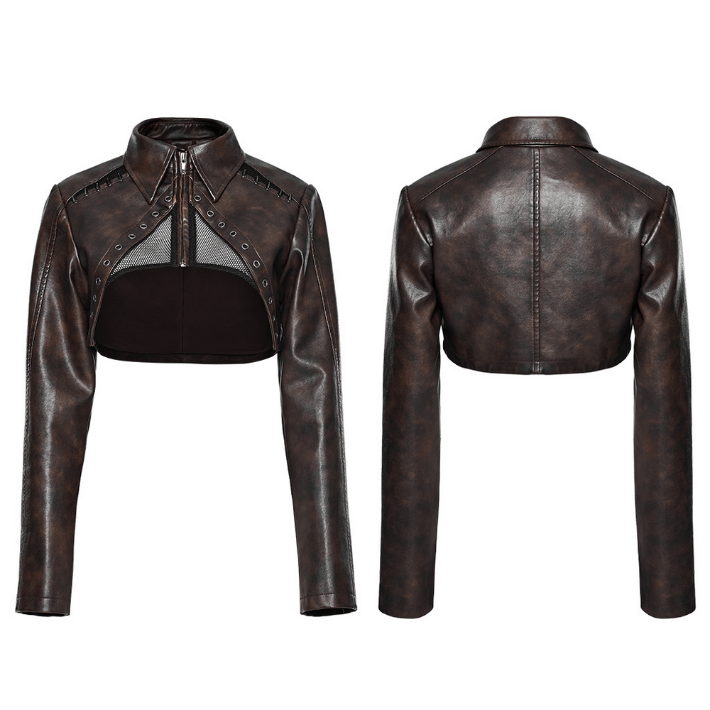 Edgy faux leather punk crop jacket with shoulder spikes and mesh cutouts, perfect for a bold punk rock look.