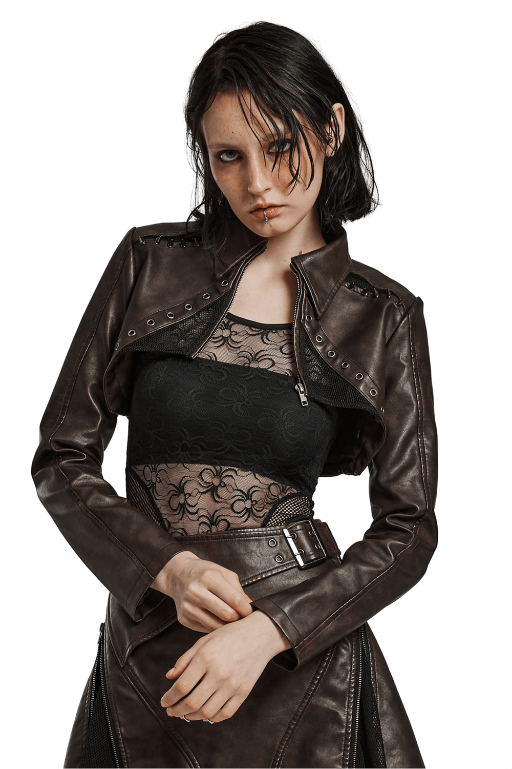 Edgy Faux Leather Punk Crop Jacket with Spikes