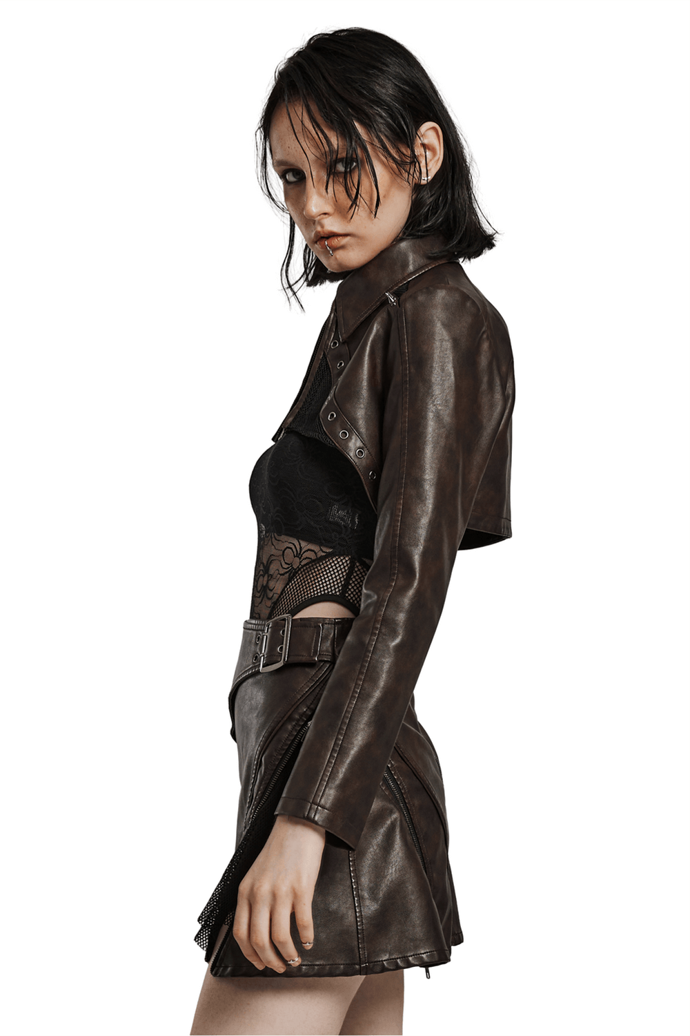Edgy Faux Leather Punk Crop Jacket with Spikes