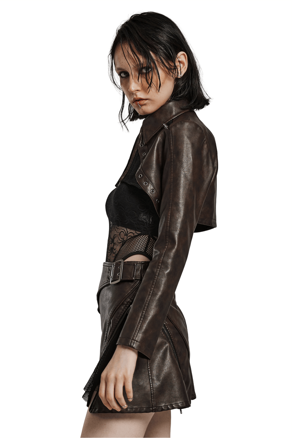 Edgy faux leather punk crop jacket with shoulder spikes, showcasing a fierce punk aesthetic.