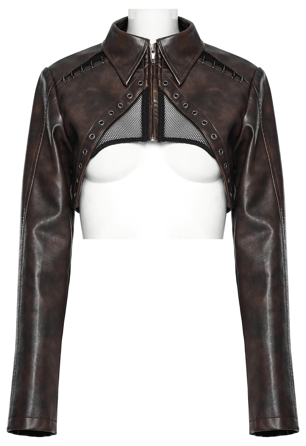 Edgy faux leather punk crop jacket with shoulder spikes and mesh cutouts, perfect for a bold punk style.
