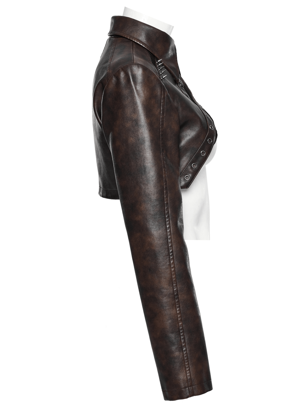 Edgy faux leather punk crop jacket with spikes, showcasing a stylish side view and unique texture.