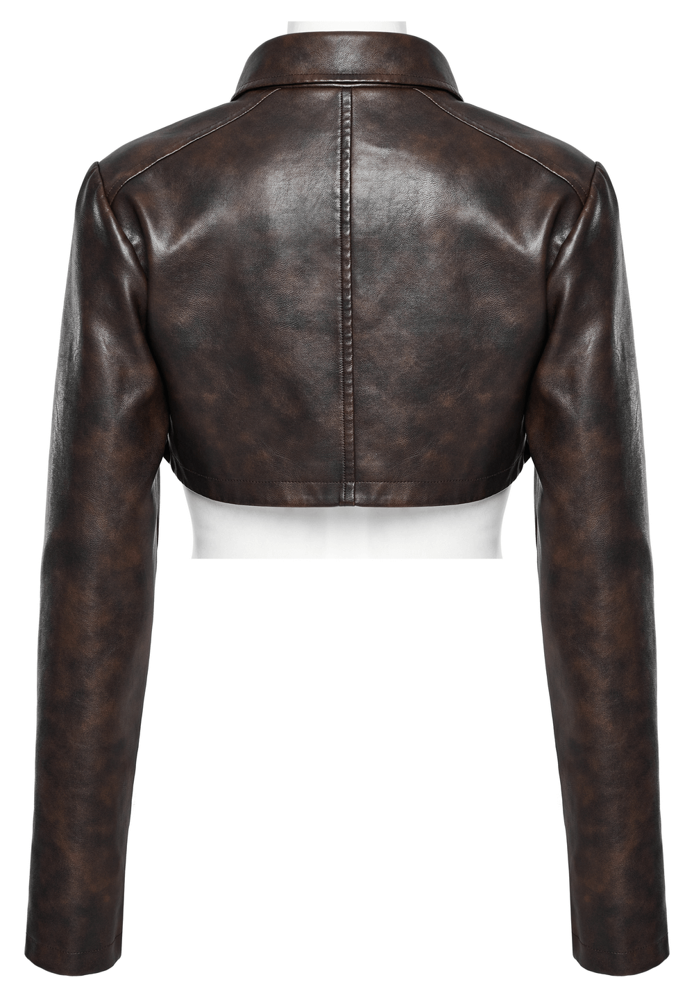 Back view of edgy faux leather punk crop jacket with shoulder spikes and mesh cutouts.