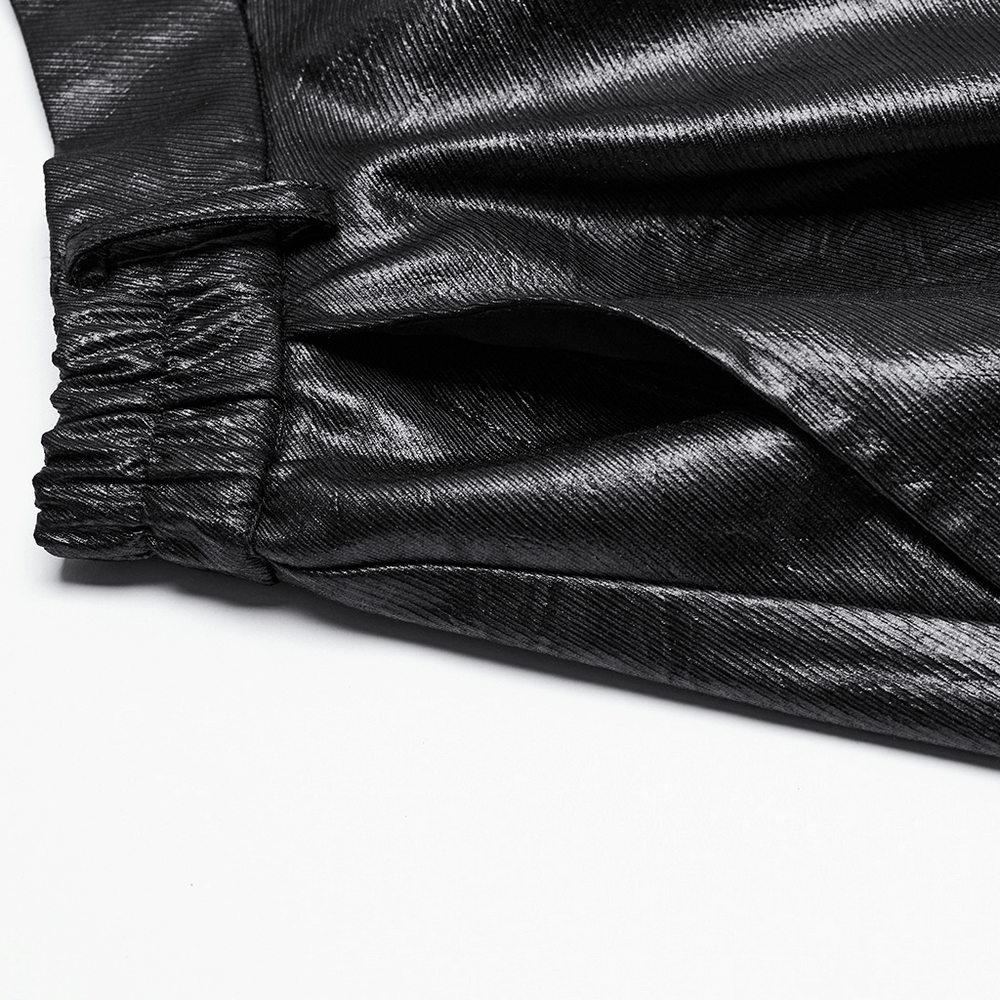 Close-up of edgy faux leather skirt showcasing zipper detail and textured fabric for a stylish look.