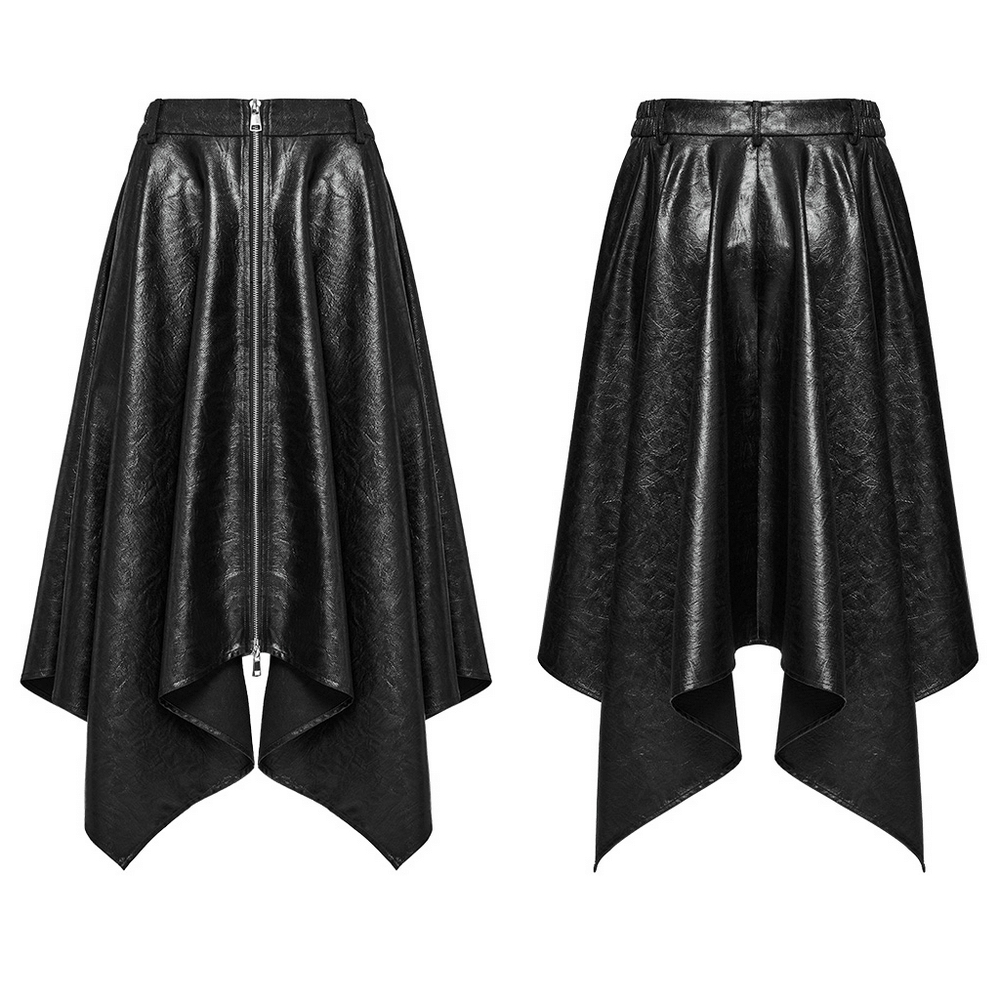 Edgy faux leather skirt featuring a zipper and asymmetrical hem, perfect for a bold fashion statement.