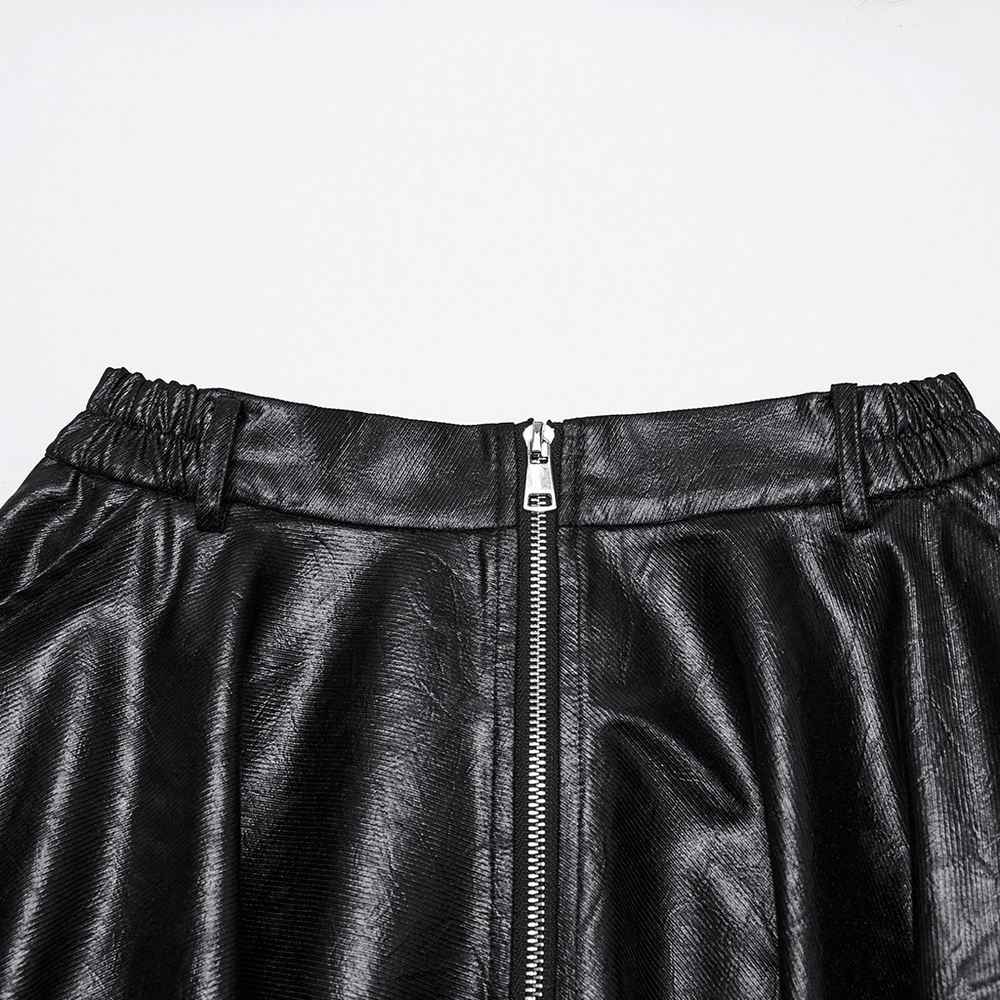 Edgy faux leather skirt featuring a stylish zipper and unique asymmetrical hem for a bold look.