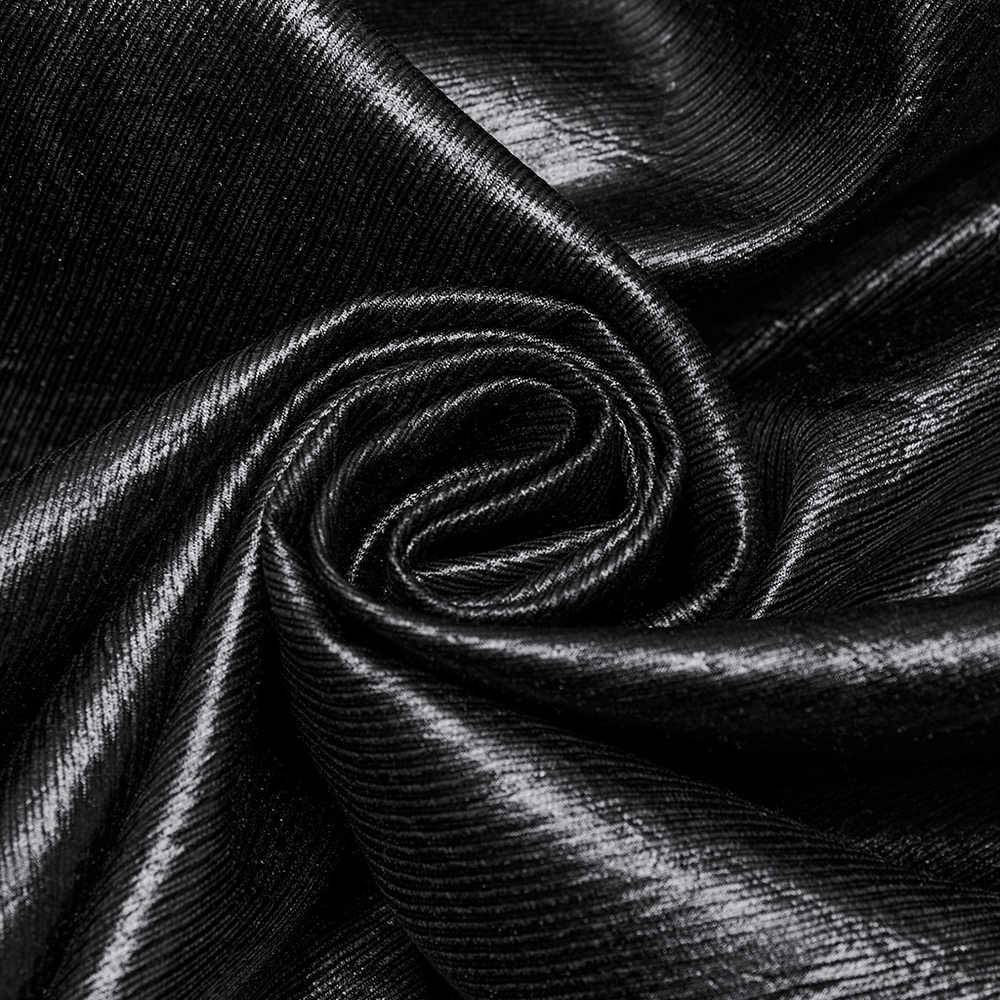 Close-up of luxurious black faux leather fabric, showcasing its sleek texture and shimmer, perfect for edgy fashion designs.