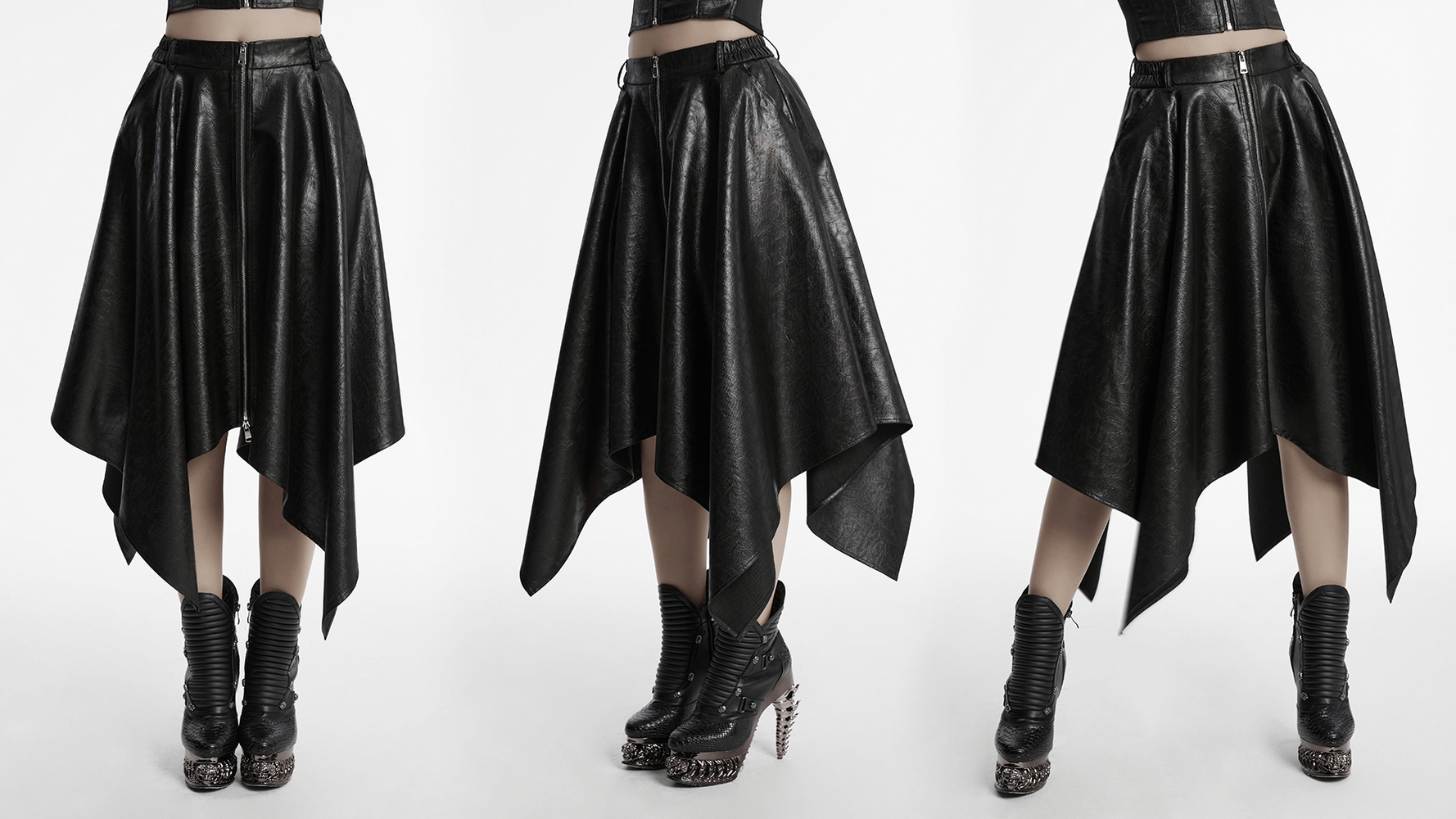 Edgy faux leather skirt with zipper and asymmetrical hem, styled with chic ankle boots.