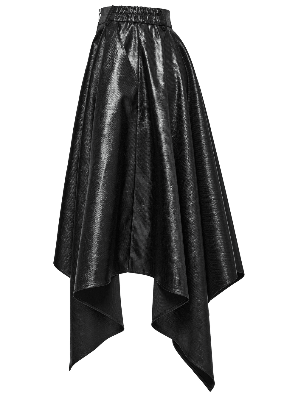 Edgy faux leather skirt with stylish asymmetrical hem and zipper, perfect for a bold fashion statement.