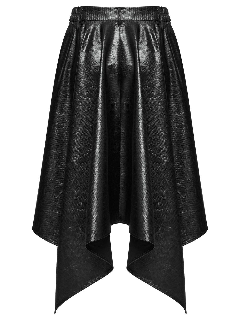 Edgy faux leather skirt featuring a zipper and stylish asymmetrical hem for a bold fashion statement.