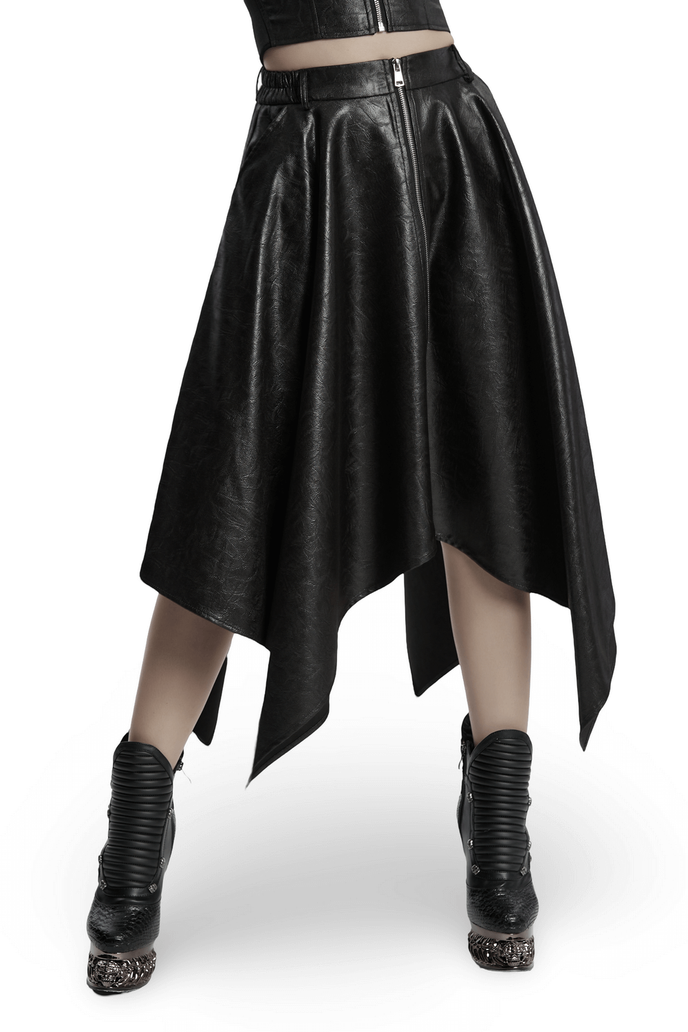 Edgy faux leather skirt featuring a stylish zipper and asymmetrical hem, perfect for a bold fashion statement.