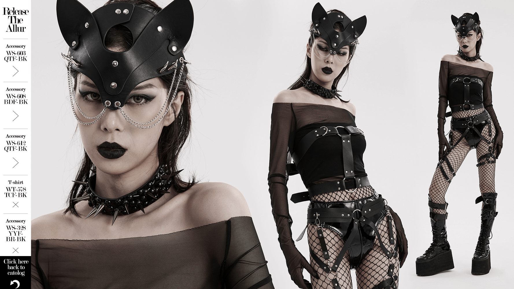 Edgy punk model in faux leather cat-inspired headpiece and harness, showcasing bold alternative fashion.