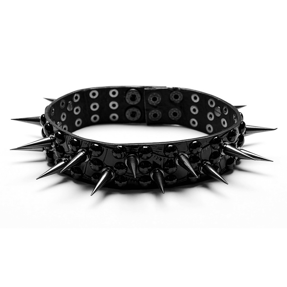 Edgy faux leather spiked choker with shiny 3D rivets, perfect for punk and goth styles.