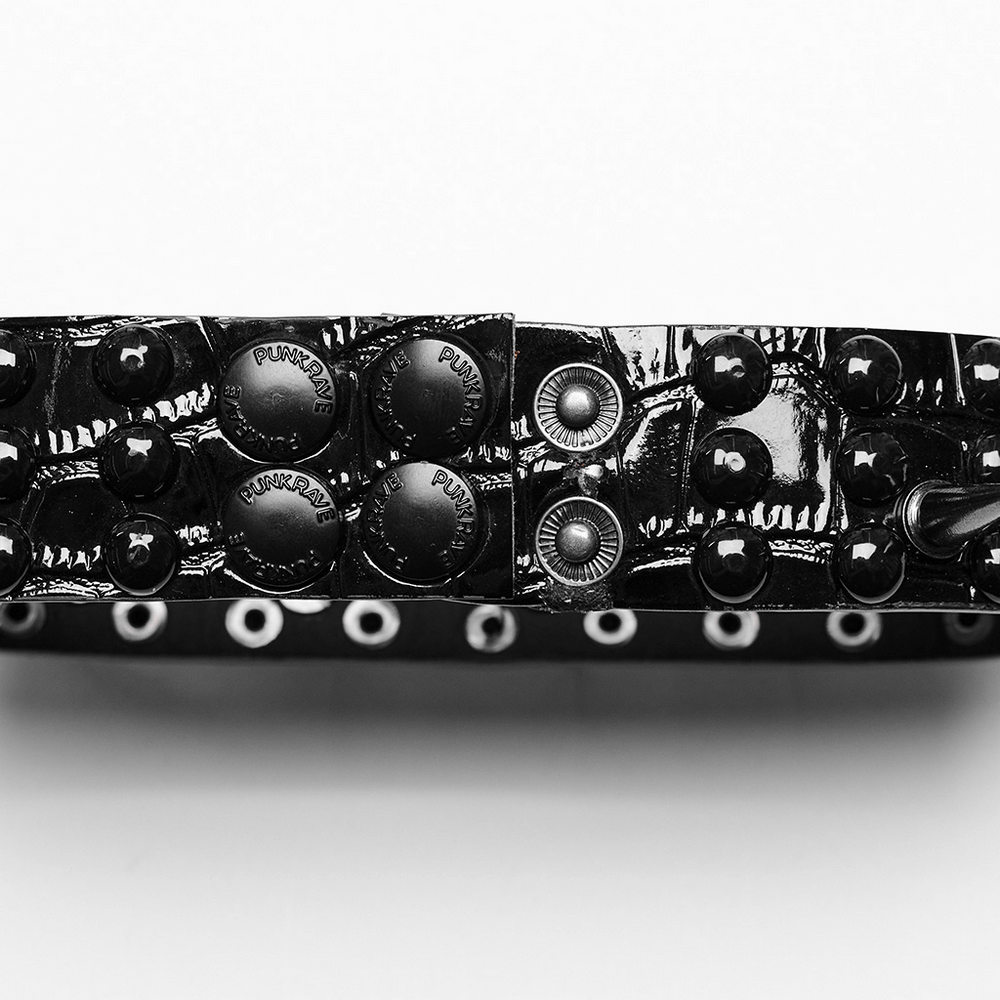 Close-up of edgy faux leather spiked choker featuring shiny rivets and tapered nails, perfect for punk aesthetic.