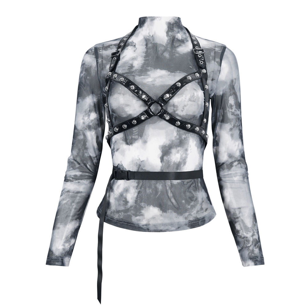 Edgy female tie-dye top with long sleeves and bold riveted harness detail in grey and white.