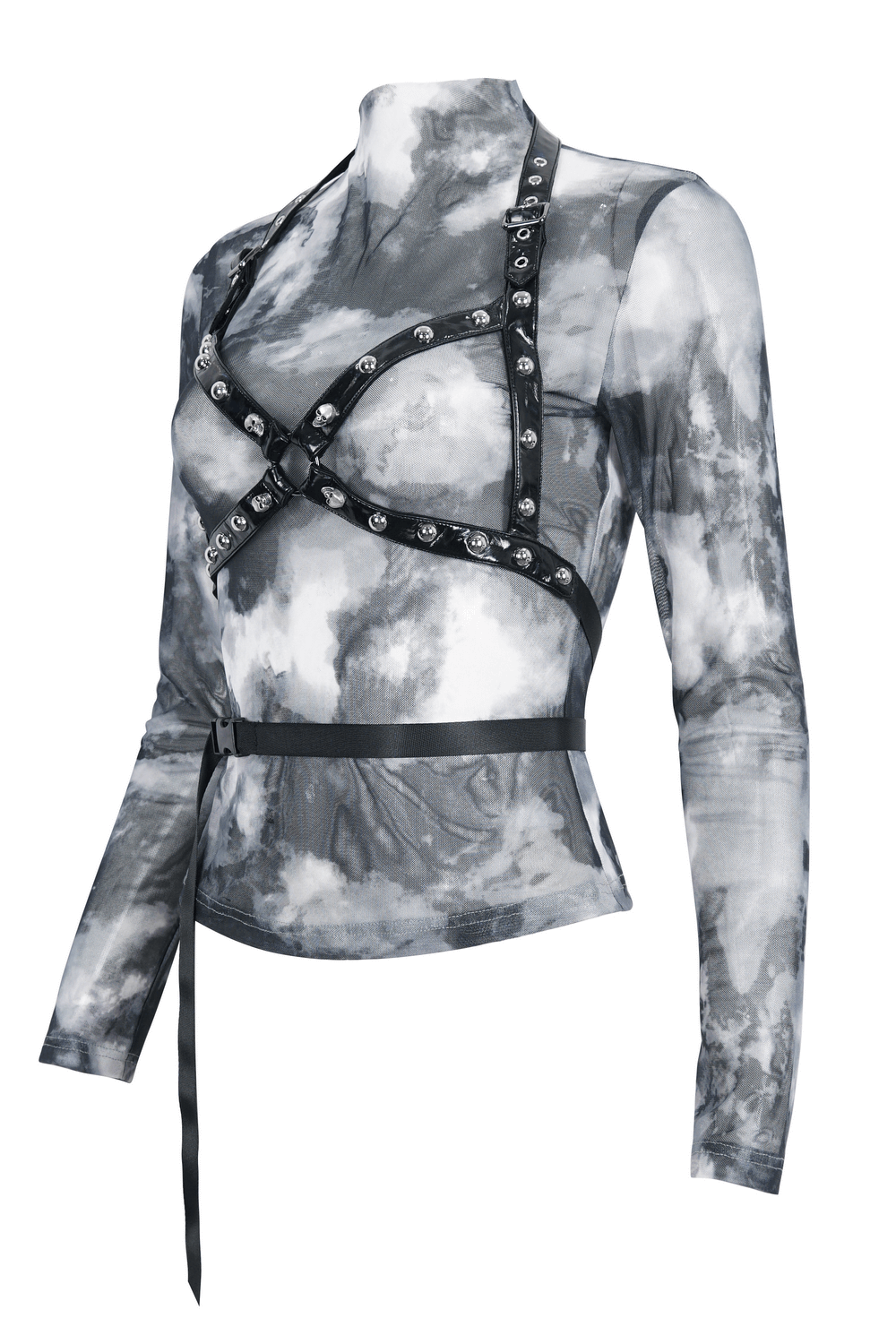 Edgy female long sleeve tie-dye top with bold riveted harness detail in grey and white.