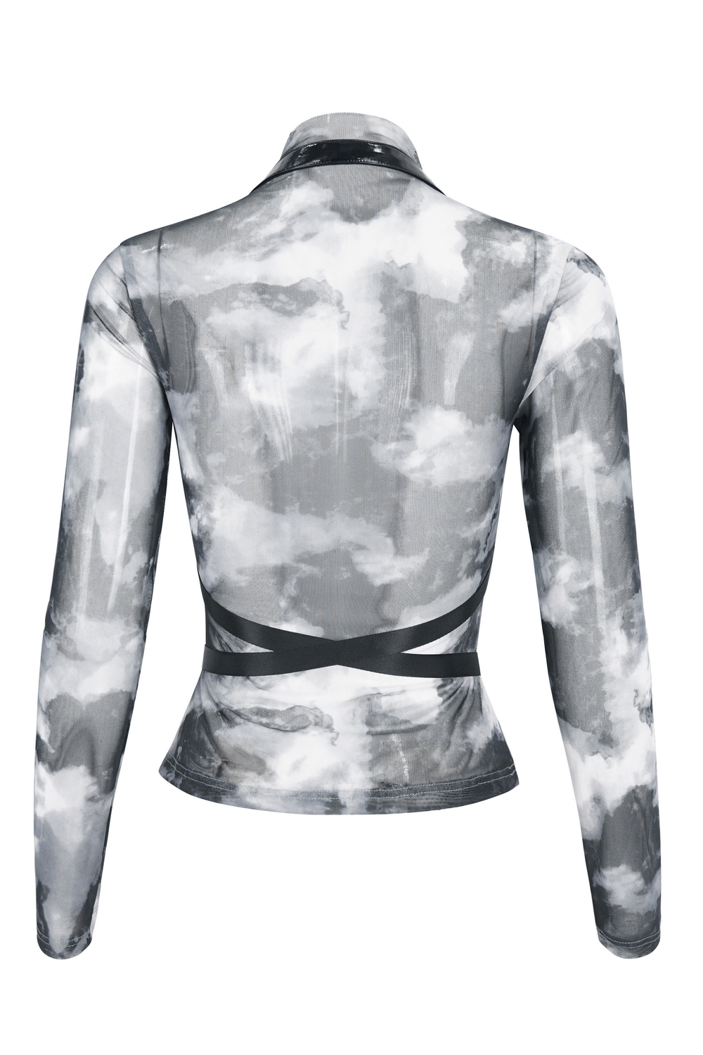 Back view of an edgy female grey and white tie-dye top featuring long sleeves and bold harness detail.
