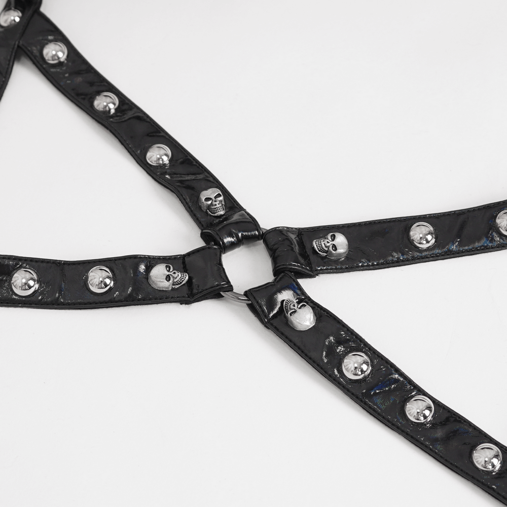 Close-up of edgy black harness with silver skull studs, adding a bold flair to fashion-forward outfits.