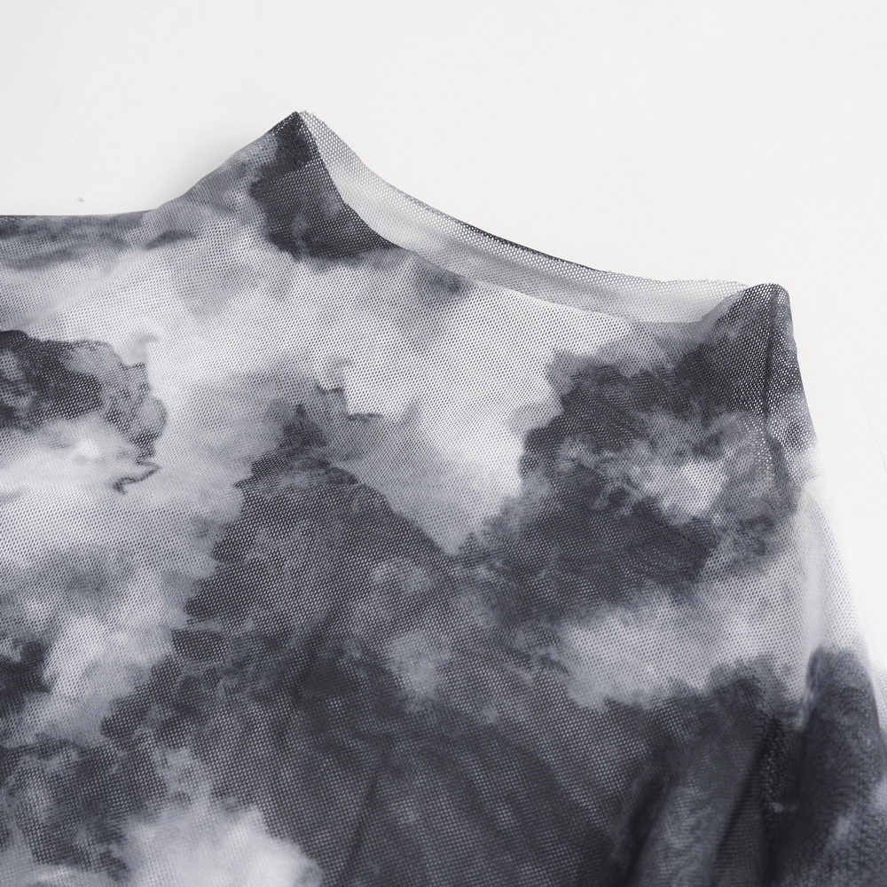 Close-up of edgy tie-dye top showcasing grey and white mesh pattern and stylish neckline.