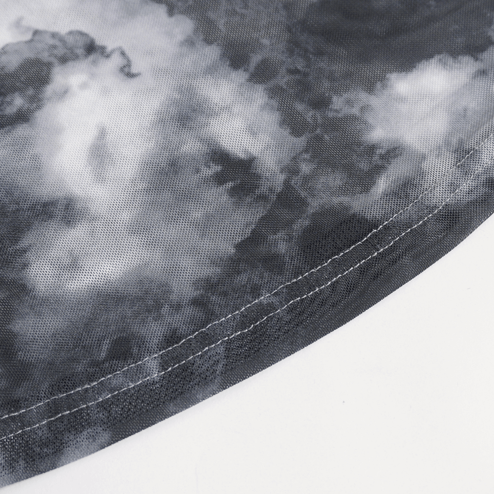Close-up of grey and white tie-dye fabric showcasing the edgy design details.