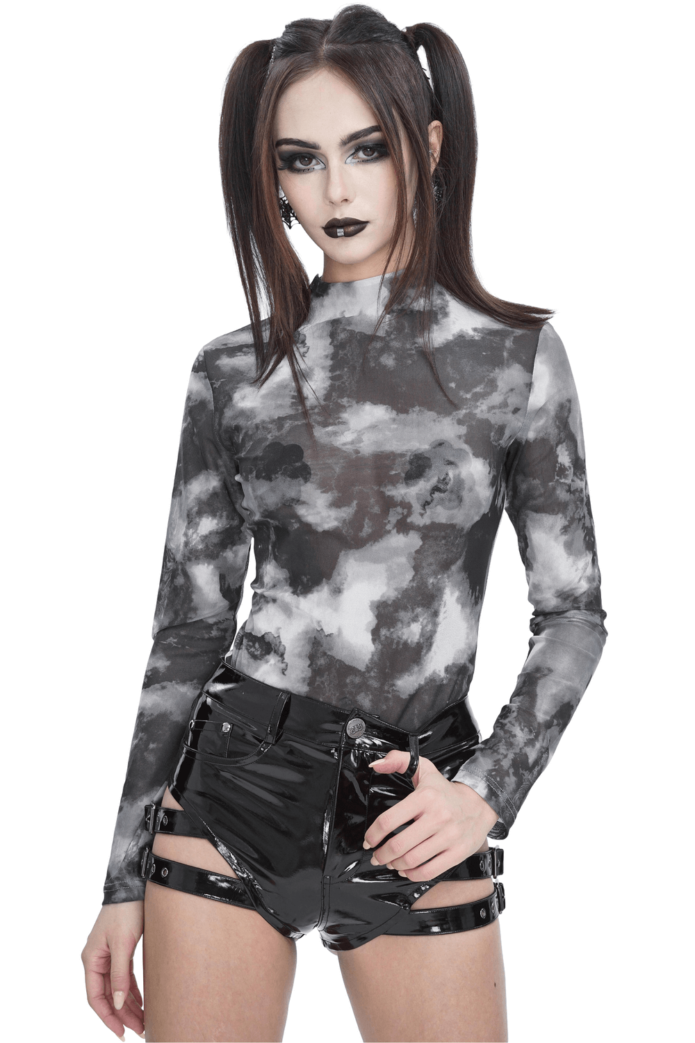 Edgy grey and white tie-dye long sleeve top with riveted harness detail, perfect for bold fashion statements.