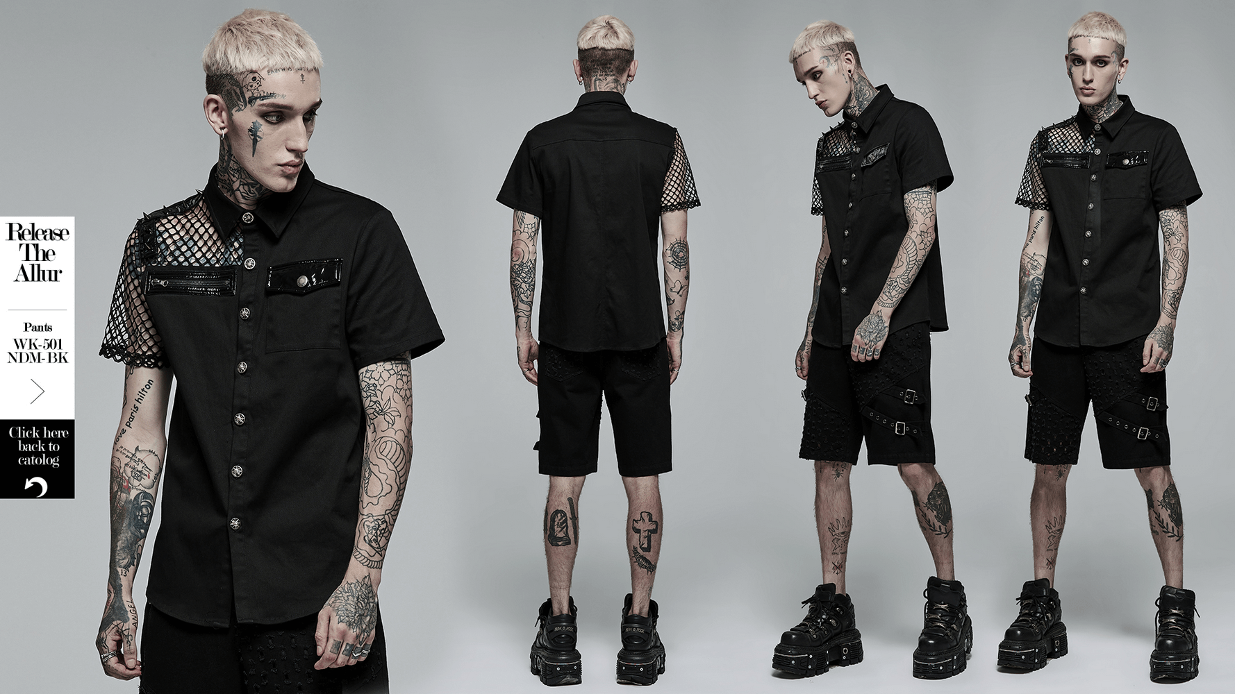 Edgy fishnet sleeves button-up gothic shirt with asymmetric stitching and ghost-shaped buttons, styled for punk fashion.
